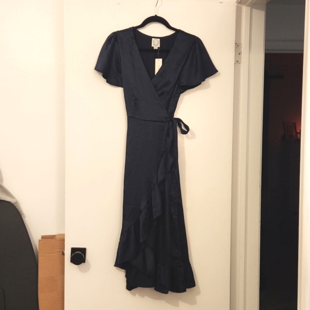 NWT Blue Rain Wrap Crimped Satin Dress in Midnight Blue Small